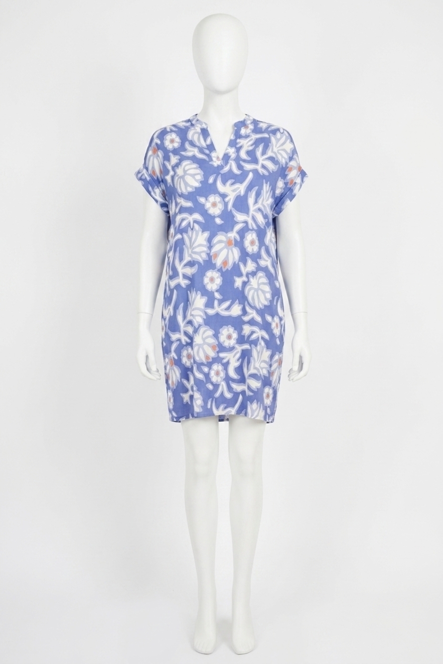 NEW TRIBAL ruffle-sleeve notch neck shift dress in baja blue